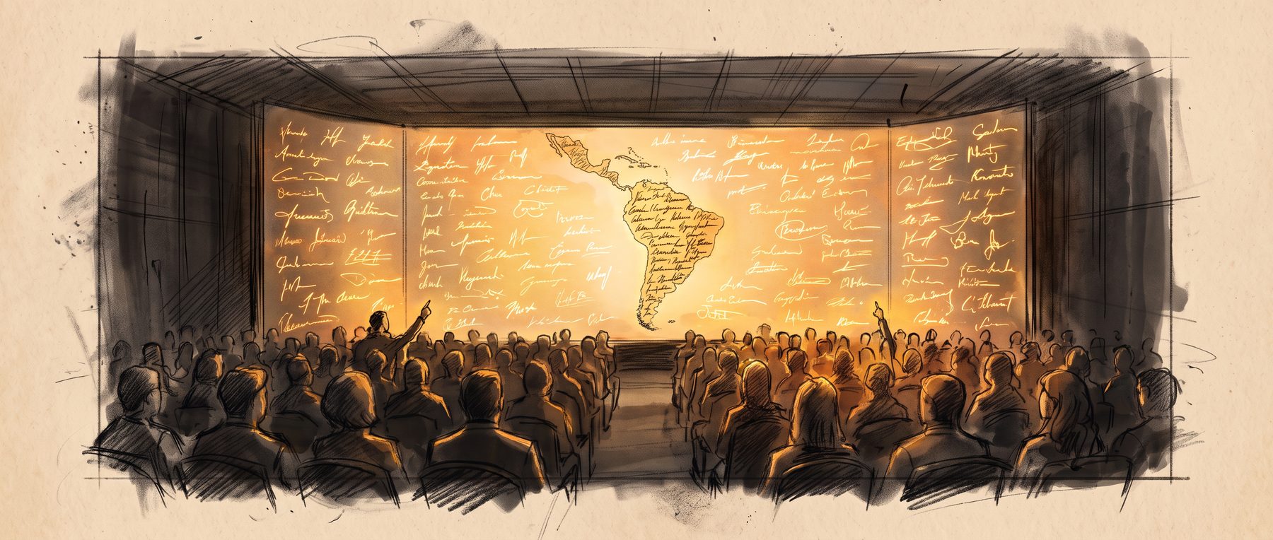 Esboço: o LED da plenária coberto de assinaturas em âmbar, que se juntam no mapa da América Latina