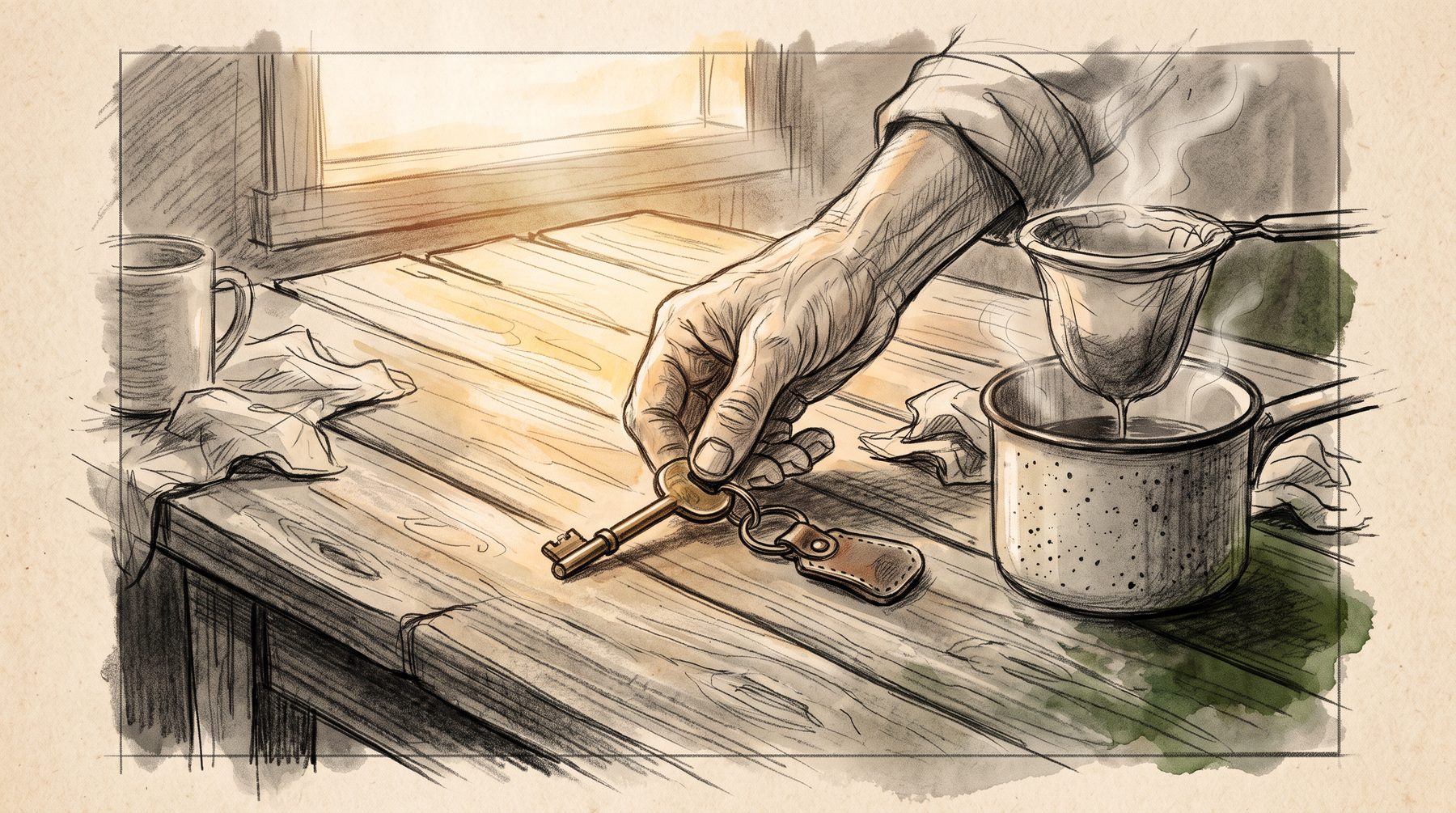 Esboço: uma mão pega a chave de latão na mesa da cozinha, ao amanhecer
