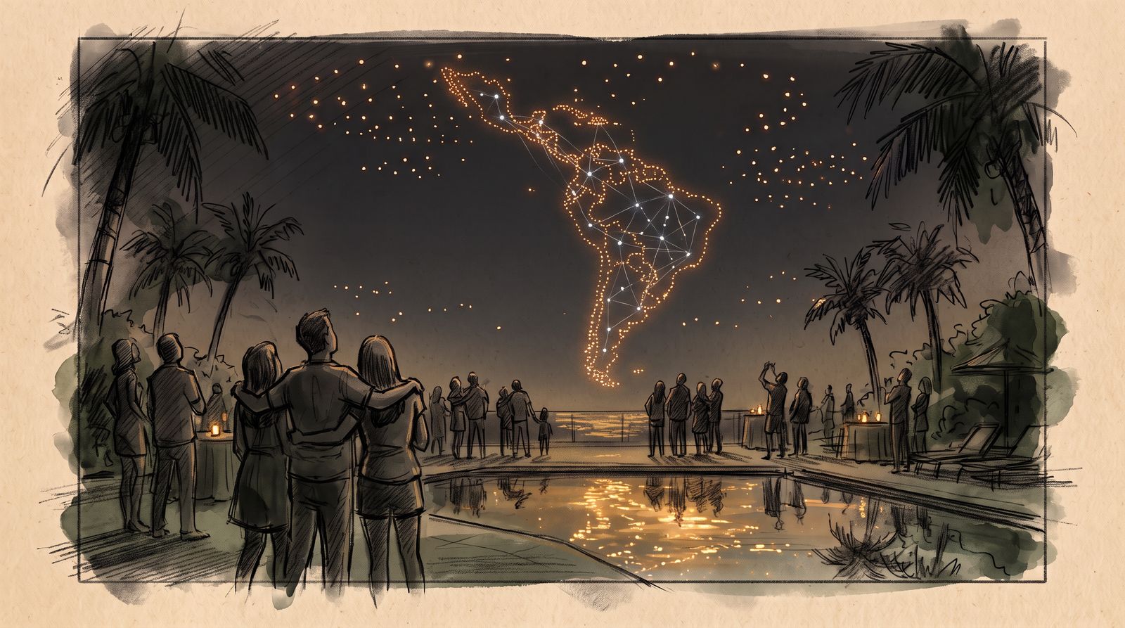 Esboço: drones desenham o mapa da América Latina com pontos de rede acendendo